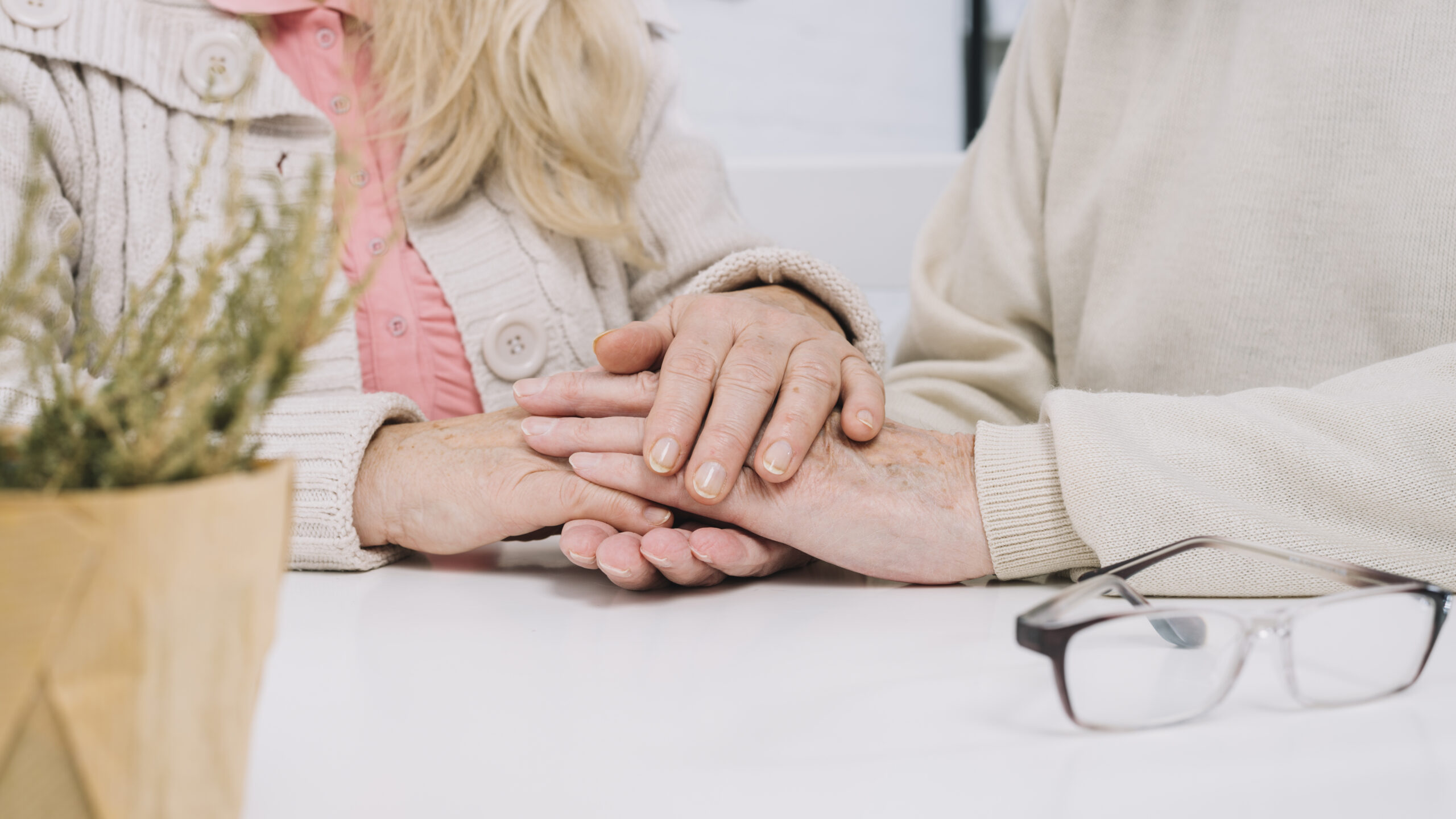 senior couple table holding hands